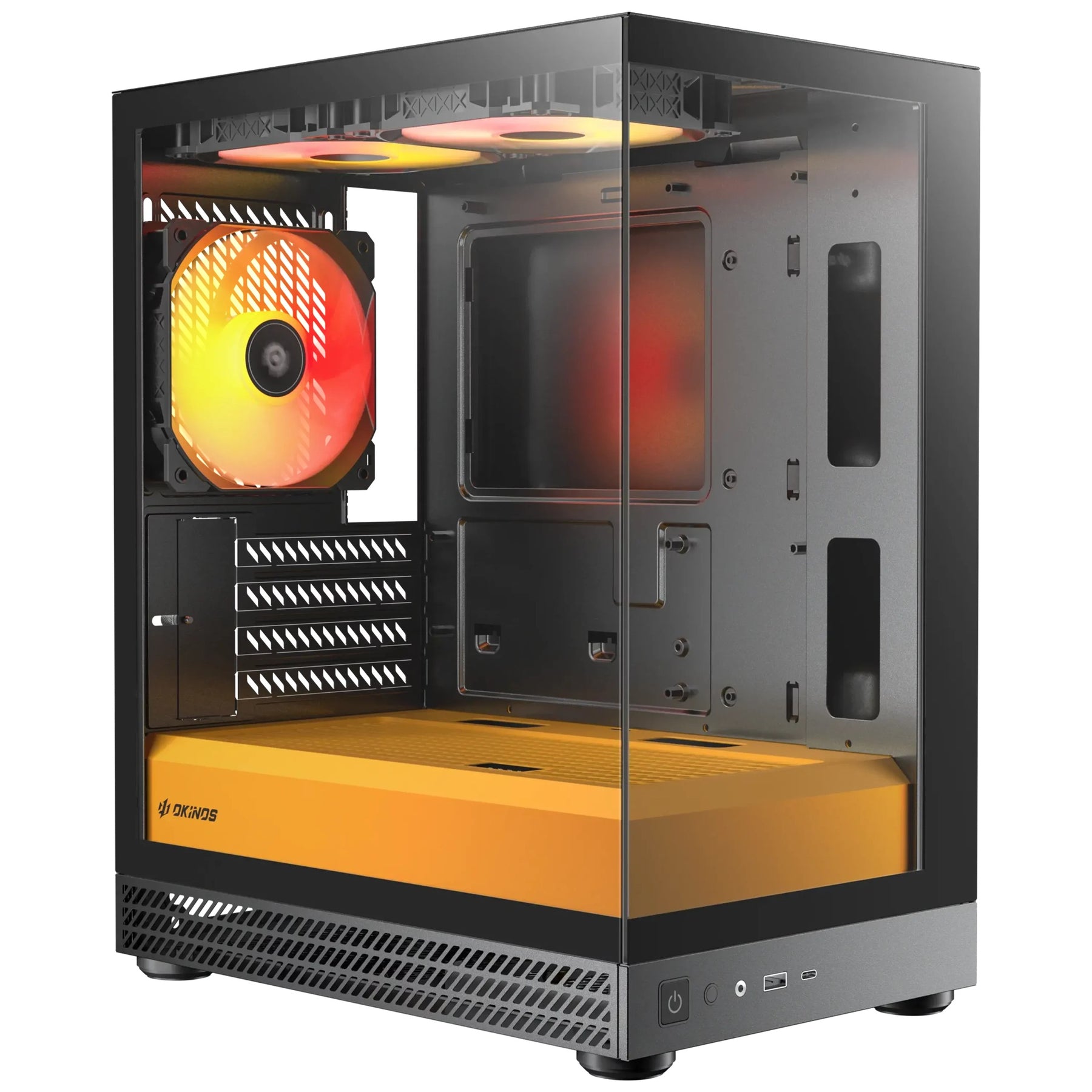 OKINOS AQUA UNO CANARY, Mini Tower, Micro-ATX/ITX, tempered glass, 3×120mm ARGB fans, USB 3.0 + Type-C, ≤309mm GPU, ≤165mm CPU cooler, steel