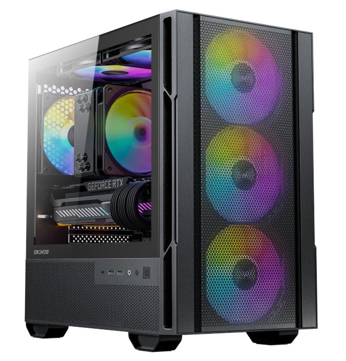 OKINOS Cypress 3 ARGB Micro ATX Case, 4 × 120mm ARGB Non-PWM Case Fans Pre-Installed, MATX PC Case, Temper Glass Side Panel, with Type-C, Black