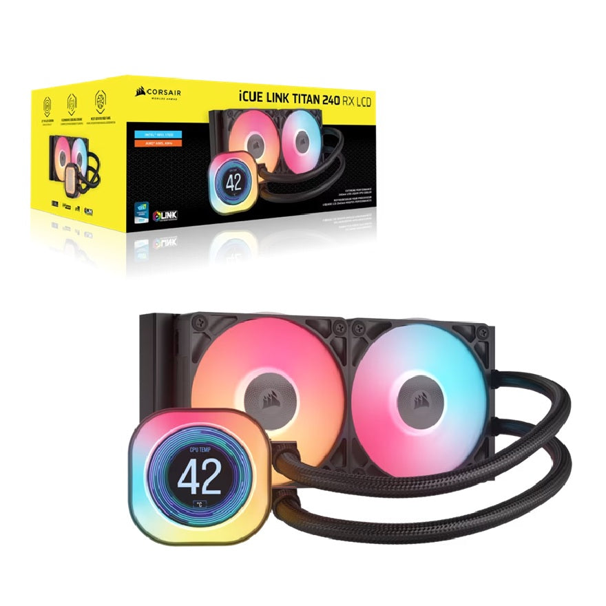 Corsair iCUE LINK TITAN 240 RX LCD Liquid CPU Cooler - Black: 73.5 CFM, 2100 RPM, 36 dBA, Aluminum Radiator, Copper Cold Plate, Intel/AMD Support