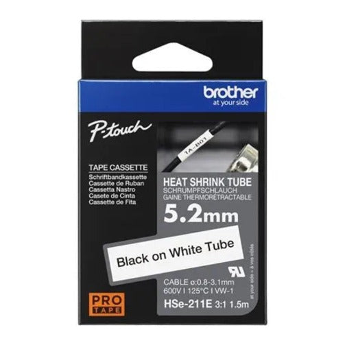 Brother HSE-211E 5.2MM BLACK ON WHITE HEAT SHRINK TUBE CATRIDGE (compatible with PT-E300VP/E550WVP/D800W/P750W/P900W/P950NW)