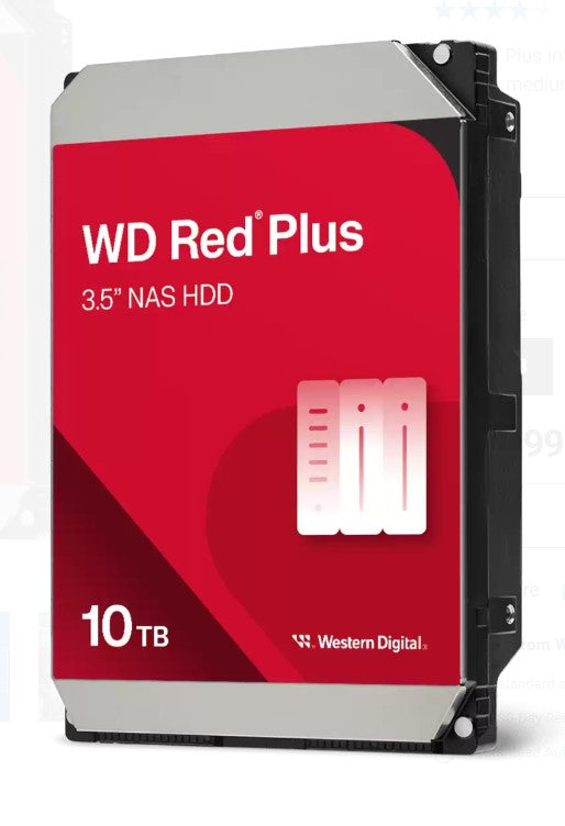 Western Digital WD Red Plus 10TB 3.5' NAS HDD SATA3 7200RPM 256MB Cache 24x7 180TBW ~8-bays NASware 3.0 CMR Tech 3yrs wty (replacement of WD101EFBX)