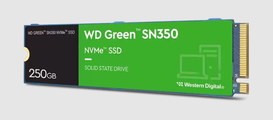 Western Digital WD Green SN350 250GB M.2 NVMe SSD PCIe 3.0x4 2400MB/s 1500MB/s R/W 300K/300K IOPS 40TBW 1M Hrs MTTF 3Y WTY (WDS250G2G0C) (LS)