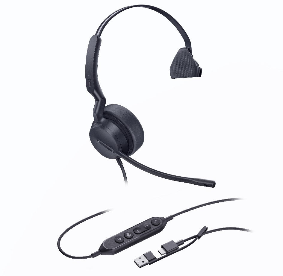 Yealink UH44 Mono Teams USB-C/A Microsoft Certified USB Wired Headset, Dual Noise-Canceling Microphones, 35mm Speaker, Busylight Leather Ear Cushions