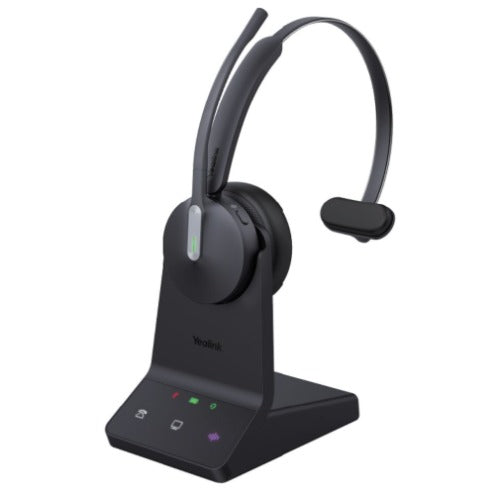 Yealink WH64 Hybrid Mono with Charging Stand, enhanced noise‑cancelling microphone technology, dual connectivity, UC platforms, VoIP desk phones, and