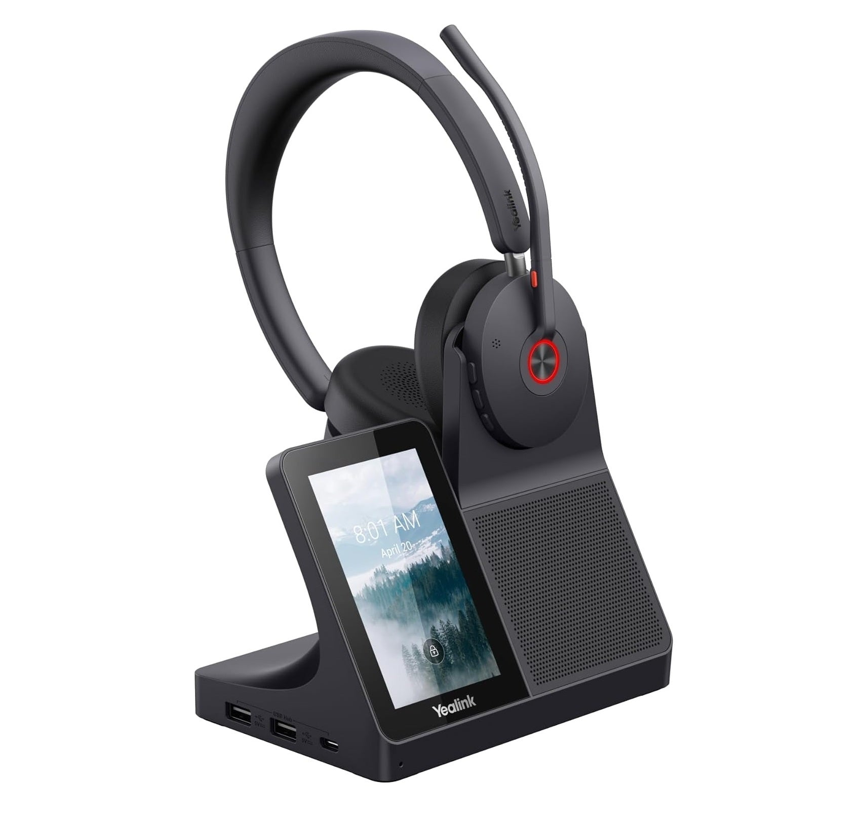 Yealink WH68 DECT + Bluetooth dual-mode, USB-A, USB-C, wireless headset workstation, noise-cancelling headset, touchscreen hub - speakerphone