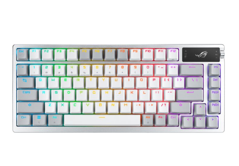 ASUS ROG AZOTH/NXSM/PBT/WHT Gaming Keyboard, OLED Display, NX Storm Switch, 75 Keys, Tri-mode Connection, White, Tactile Bump/Clicky