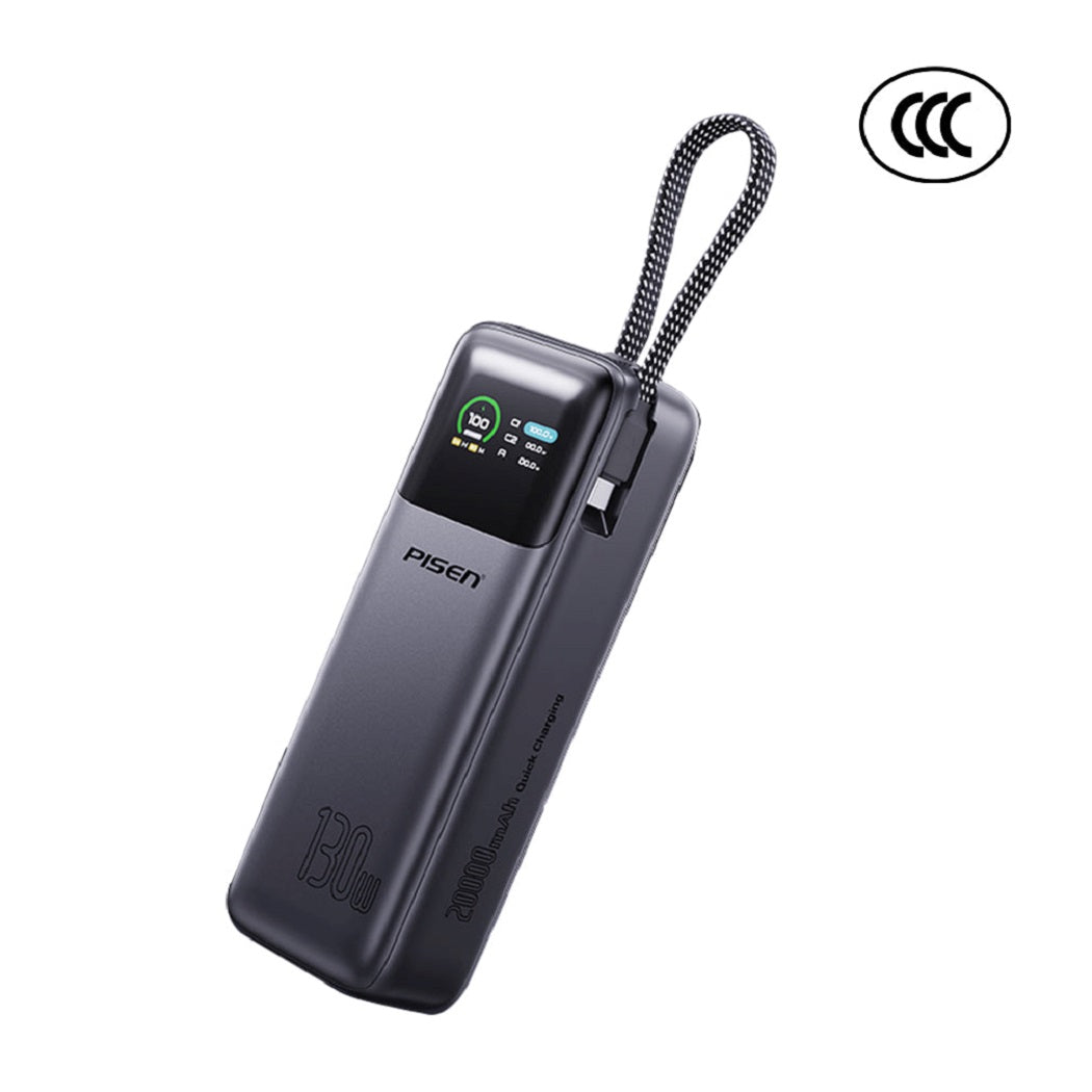 Pisen Bolt CCC- Certified 20k mAh 130W Laptop Power Bank - Grey, LED Display,2xUSB-C(65W), 1xUSB-A(22.5W),Charge upto 3 devices, 2 Years Warranty
