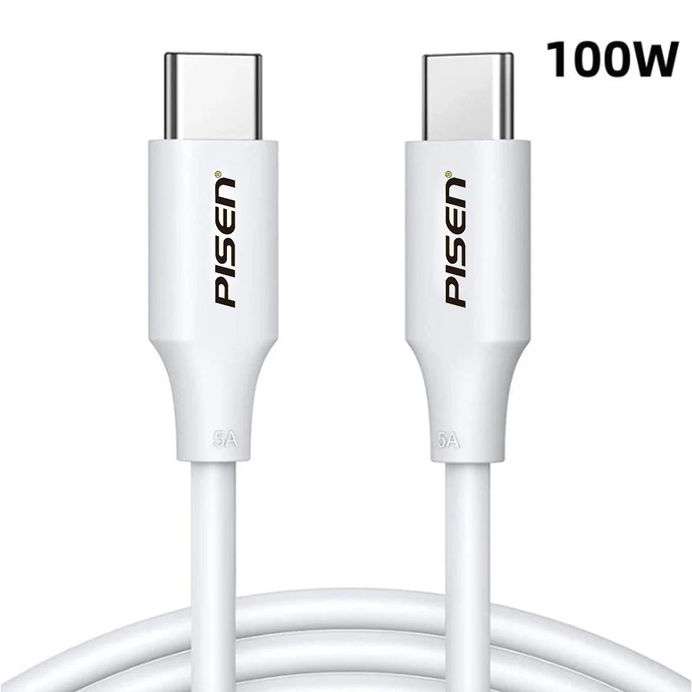 Pisen USB-C to USB-C 100W PD Cable (1M) White - 5A/100W, 480Mbps Data, Fast Charging to Laptops & Smartphones, 2 Years Warranty