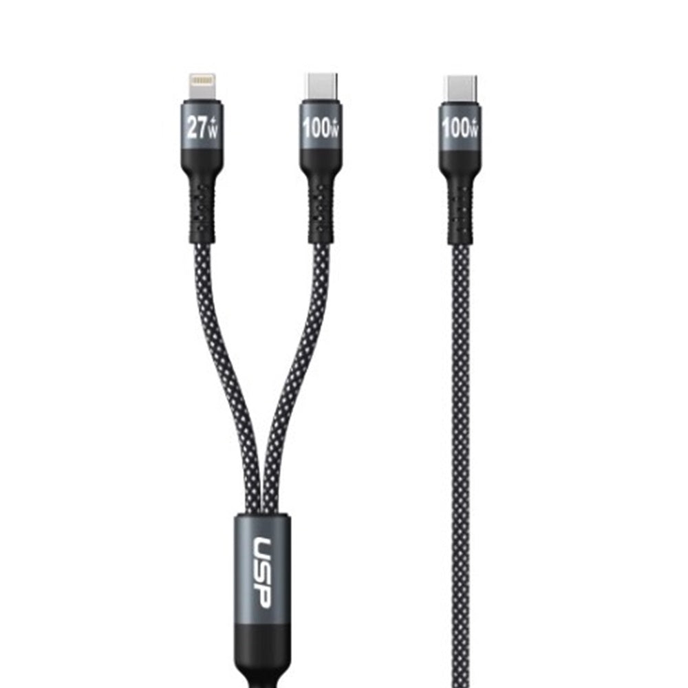 USP Braided 2-in-1 USB-C to Lighting (27W) + USB-C (100W) Super Fast Charging Cable (1.2M) Black - High Speed Charging, 5 Years Warranty