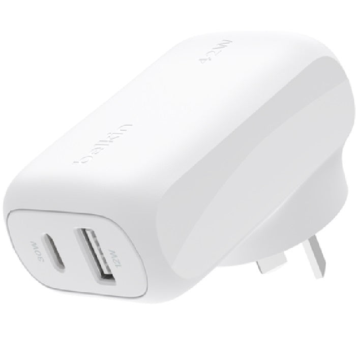 Belkin BoostCharge Dual Wall Charger 42W - White (WCB009auWH), 1xUSB-C (30W), 1xUSB-A (12W), Best for Samsung & iPhone, $2500 CEW, 2 Years Warranty