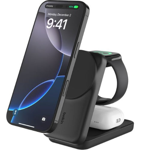 Belkin UltraCharge 3-in-1 Foldable Magnetic Charger With Qi2(25W)+USB-C Wall Charger(45W)+USB-C Cable(15M)-Black(WIZ037auBK),$2500CEW,2 Years Warranty
