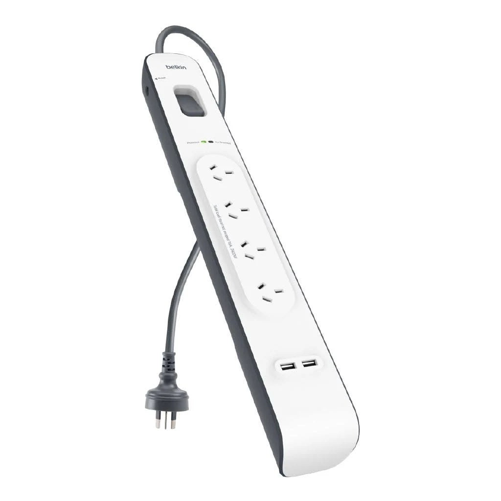 Belkin SurgePlus 4-Outlet Surge Protector With 2x USB Port 2.4 Amp (BSV401au2M) - Heavy Duty 2M Power Cord, 525 Joules, $20000 CEW,  2 Years Warranty