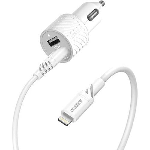 OtterBox 24W Dual Port Car Charger with Lightning to USB-A Cable (1M) - White (78-52698), 2xUSB-A(12W),180Mbps Data Transfer, 2 Years Warranty