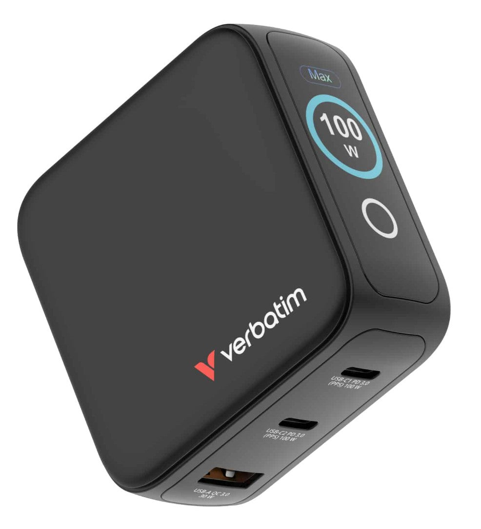 Verbatim Mini GaN Charger 100W with Display  Compact 3-port wall charger with USB-C® Power Delivery and Quick Charge 3.0