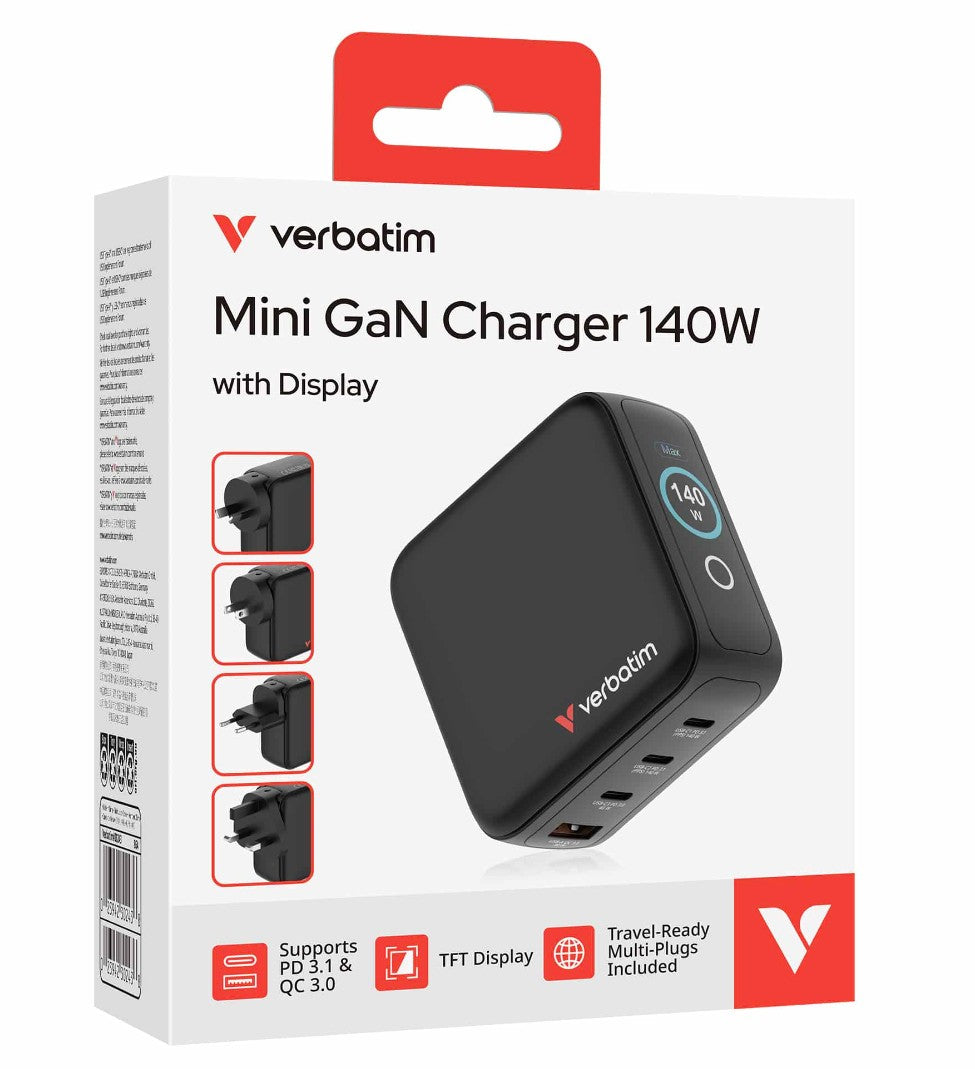 Verbatim Mini GaN Charger 140W with Display  Premium 4-port GaN wall charger with three USB-C® and one USB-A port