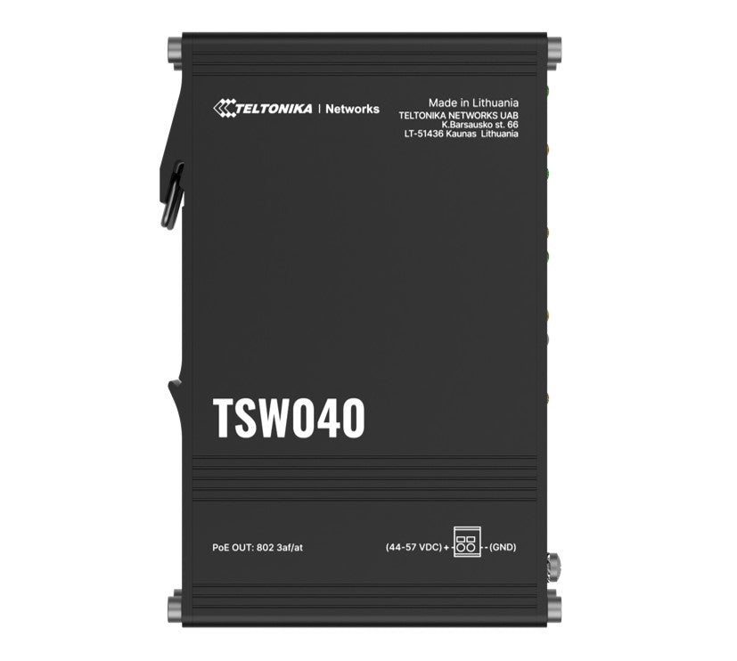 Teltonika TSW040 - 8-port PoE+ Switch (7-57 VDC, or 44-57 VDC for PoE-out) Integrated DIN Rail Bracket - 10/100 Mbps, supports auto MDI/MDIX crossover