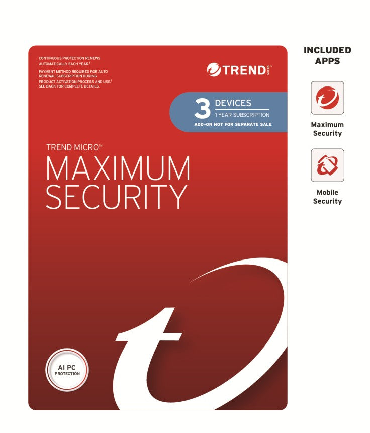 Trend Micro Maximum Security Plus – 3 Devices, 1 Year (Auto Renew)