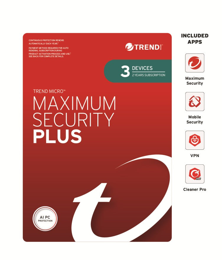 Trend Micro Maximum Security Plus – 3 Devices, 1 Year Retail Mini Box (Auto Renew)