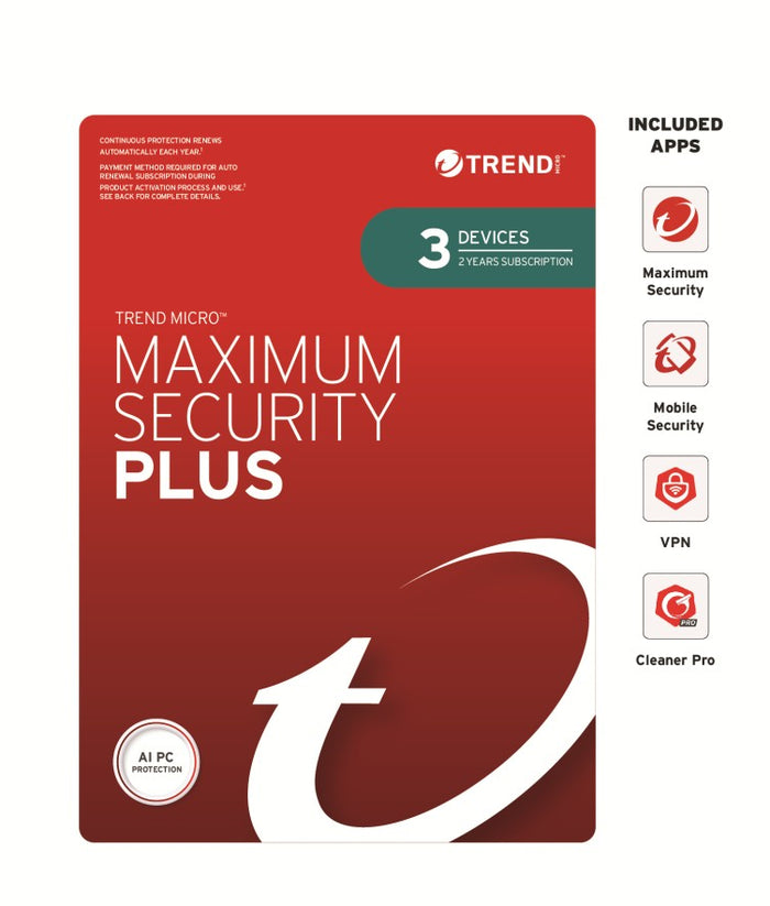 Trend Micro Maximum Security Plus – 3 Devices, 1 Year Retail Mini Box (Auto Renew)