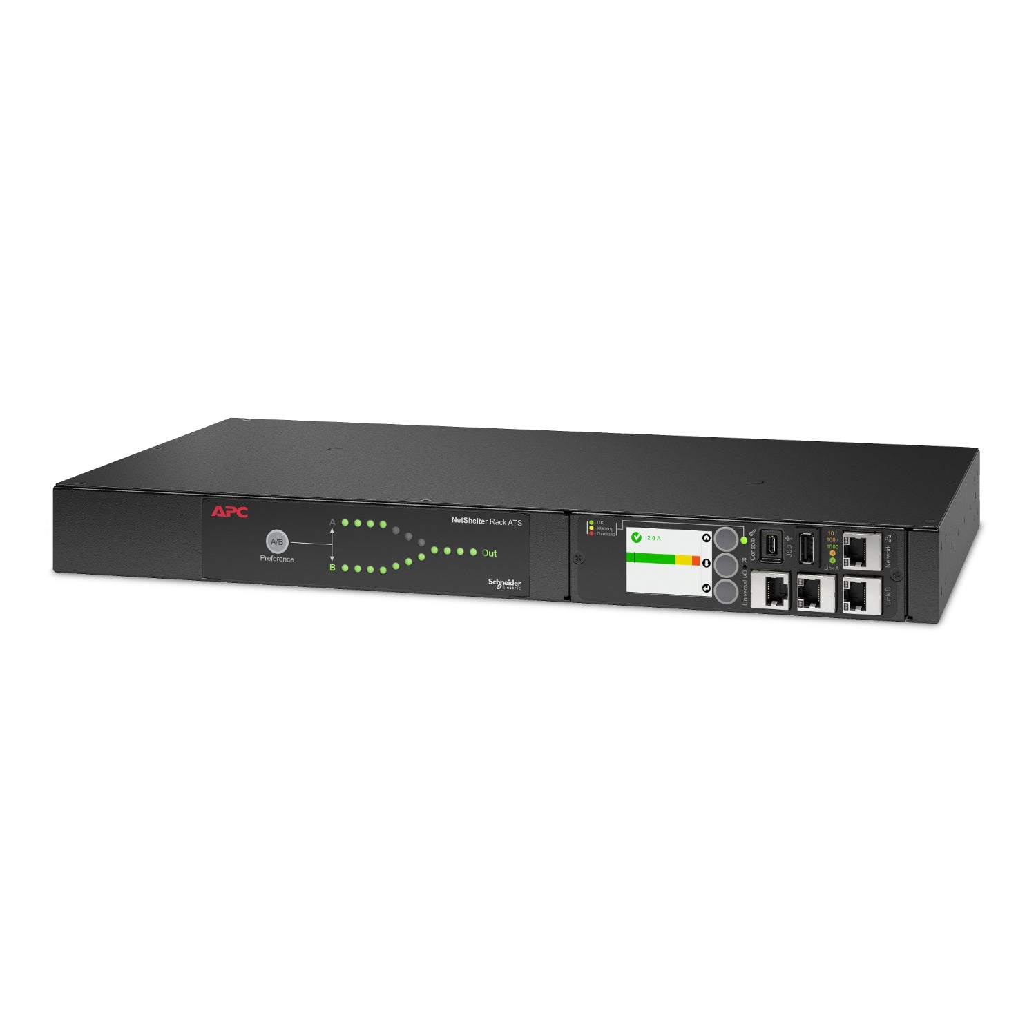 APC Netshelter Automatic Transfer Switch, 1U RM, 2x 230V/16A Input, 1x IEC C19 & 8x IEC C13 Output
