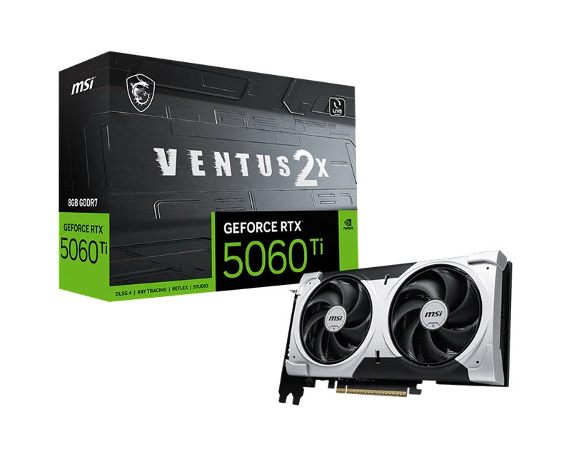 MSI nVidia GeForce RTX™ 5060 Ti 8G VENTUS 2X PLUS, PCI Express® Gen 5 x16 (uses x8), Boost: 2572 MHz, CUDA 4608 Units, 8GB GDDR7, HDMI™ x 1(LS)